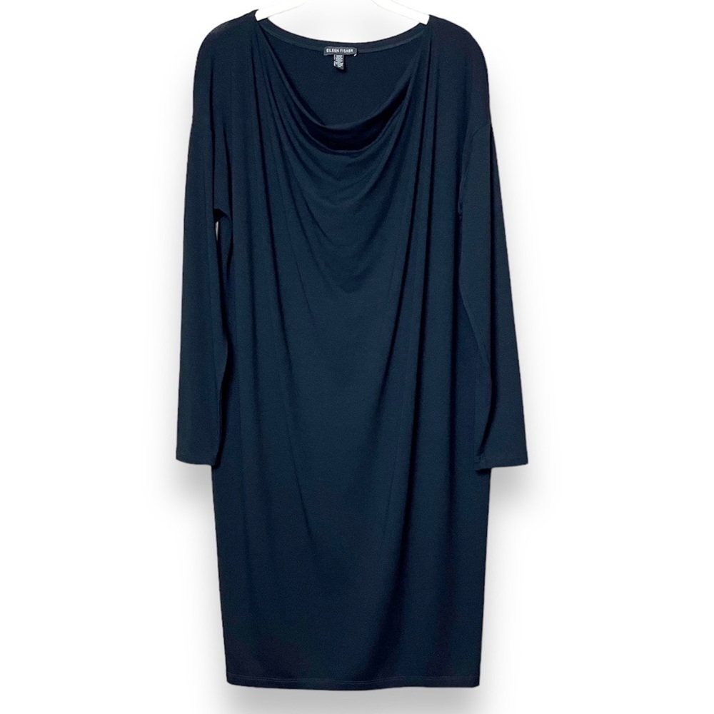 Eileen Fisher draped neck‎ dress Small black long sleeve stretch knit cowl solid
